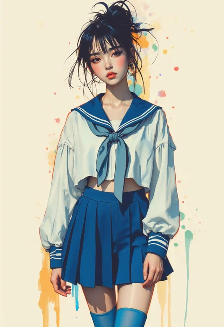 midjourney_whisper_avant_couture, OBxiaoxiang, inksplash portrait of stunning oriental woman, short cropped sailor blouse with blue ribbon, pleated blue miniskirt, blue thigh-highs, direct gaze, light hitting one side of face, gradient colour background
