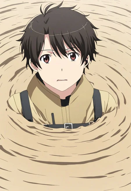 high resolution, solo, best quality, 1Boy, Inaho Kaizuka, Black Hair, Brown Eyes, panic, trapped, quicksand, dying, OverallDetail