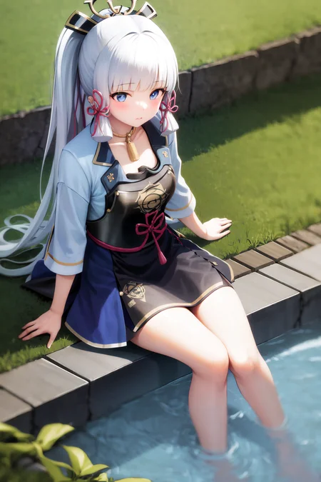 masterpiece, highres, best quality, 1girl solo, kamisato_ayaka, sitting, from above, wading, pool <lora:kamisato_ayaka:1.0>