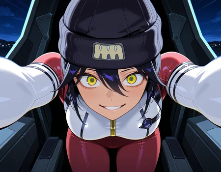 1girl,medium breasts, crazy eyes, outstretched arms, looking at viewer, dark,night,mecha, cockpit,close up,leaning forward, 
masterpiece, best quality, amazing quality, very aesthetic, absurdres
<lora:nyaan_(gundam)-koto-Illustrious  :1> nyapil, dark skin , black hair, hair between eyes, multicolored eyes, yellow eyes, mecha pilot suit, multicolored bodysuit,gold trim, white bodysuit, red bodysuit,red pants,pom pom beanie,ribbed pants,black headwear, red pants,short hair