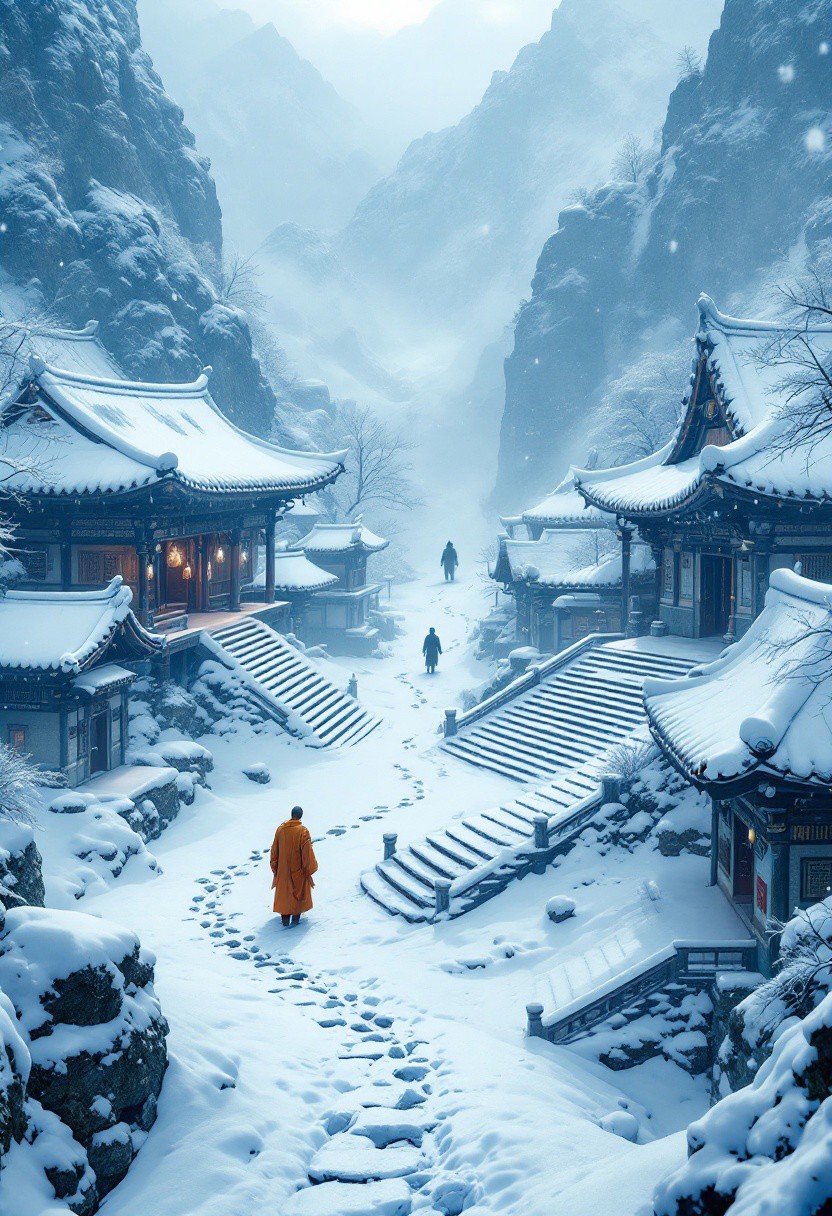 Snow-covered Senpou Temple complex in misty mountains. Heavy snow blankets curved rooftops and stone stairs. Solitary monk in saffron robes leaves single trail of footprints through pristine snow. In distance, partially concealed by gently falling snowflakes, stands Wolf's silhouette. Temple bells hang motionless, frosted with ice. Scene bathed in cool blue-white winter light with limited visibility through mountain mist. Serene beauty juxtaposed with lurking danger, characteristic of FromSoftware's environmental storytelling.