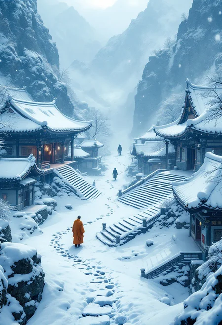 Snow-covered Senpou Temple complex in misty mountains. Heavy snow blankets curved rooftops and stone stairs. Solitary monk in saffron robes leaves single trail of footprints through pristine snow. In distance, partially concealed by gently falling snowflakes, stands Wolf's silhouette. Temple bells hang motionless, frosted with ice. Scene bathed in cool blue-white winter light with limited visibility through mountain mist. Serene beauty juxtaposed with lurking danger, characteristic of FromSoftware's environmental storytelling.
