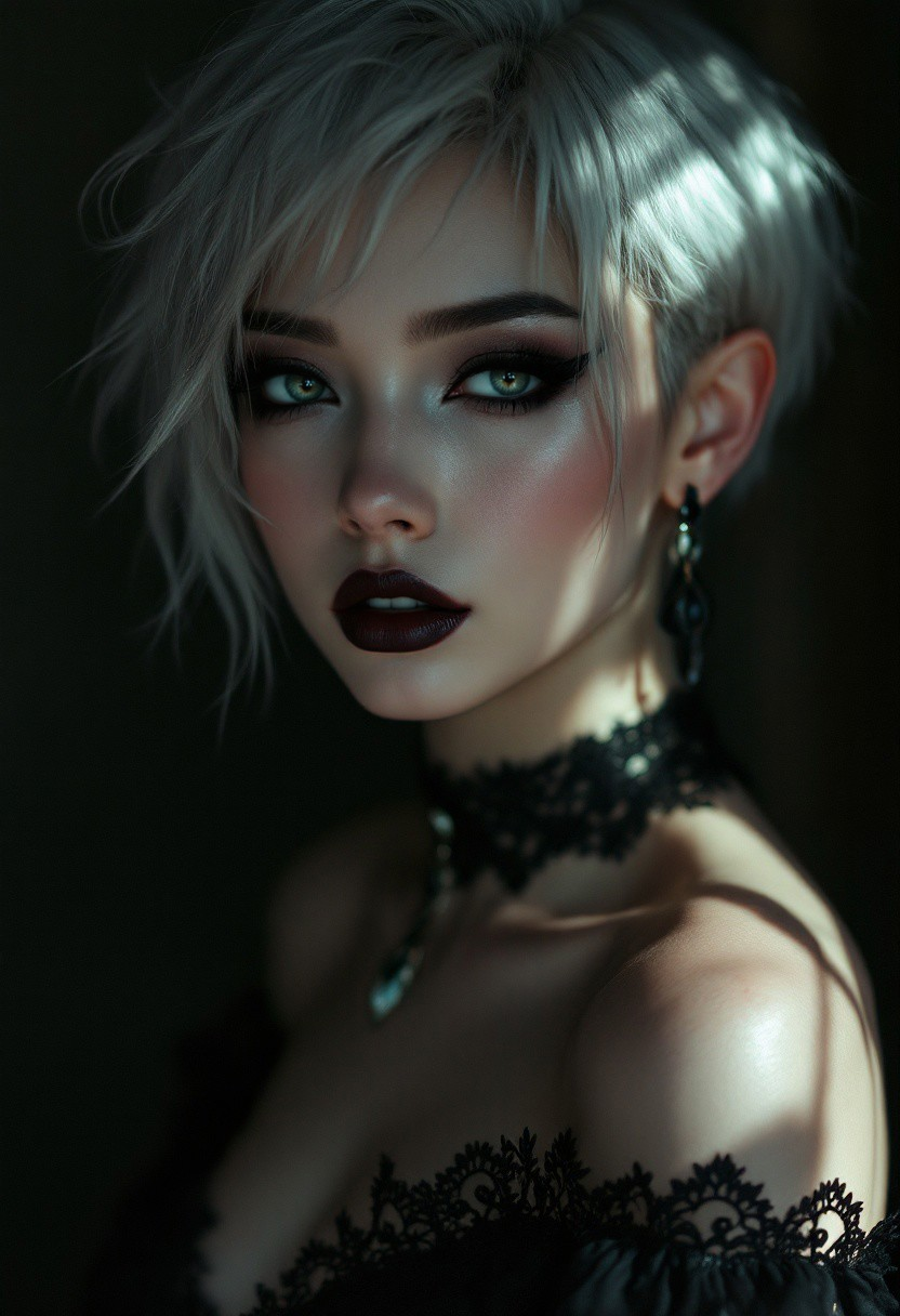 Photorealistic close up portrait of a young glamorous Asian Vitaminise woman with gorgeous features . She has a perfect pale skin tone and short hair, with a bold, edgy style.  Her porcelain skin is accentuated by the contrast of light hitting one side of her face, Her makeup is gothic, bold and dramatic, with dark eyeliner, mascara, . lace choker, cleavage, gown, , sultry, seductive, blending gothic elegance with a soft, vulnerable expression. The background is silhouetted, creating a dramatic and mysterious atmosphere . there was a weight in her gaze, something ancient and heavy, that made her beauty as unsettling as it was captivating, <lora:aidmaFLuxPro1.1_v0.3:0.85> aidmafluxpro1.1