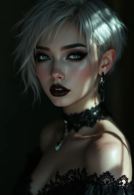 Photorealistic close up portrait of a young glamorous Asian Vitaminise woman with gorgeous features . She has a perfect pale skin tone and short hair, with a bold, edgy style.  Her porcelain skin is accentuated by the contrast of light hitting one side of her face, Her makeup is gothic, bold and dramatic, with dark eyeliner, mascara, . lace choker, cleavage, gown, , sultry, seductive, blending gothic elegance with a soft, vulnerable expression. The background is silhouetted, creating a dramatic and mysterious atmosphere . there was a weight in her gaze, something ancient and heavy, that made her beauty as unsettling as it was captivating, <lora:aidmaFLuxPro1.1_v0.3:0.85> aidmafluxpro1.1