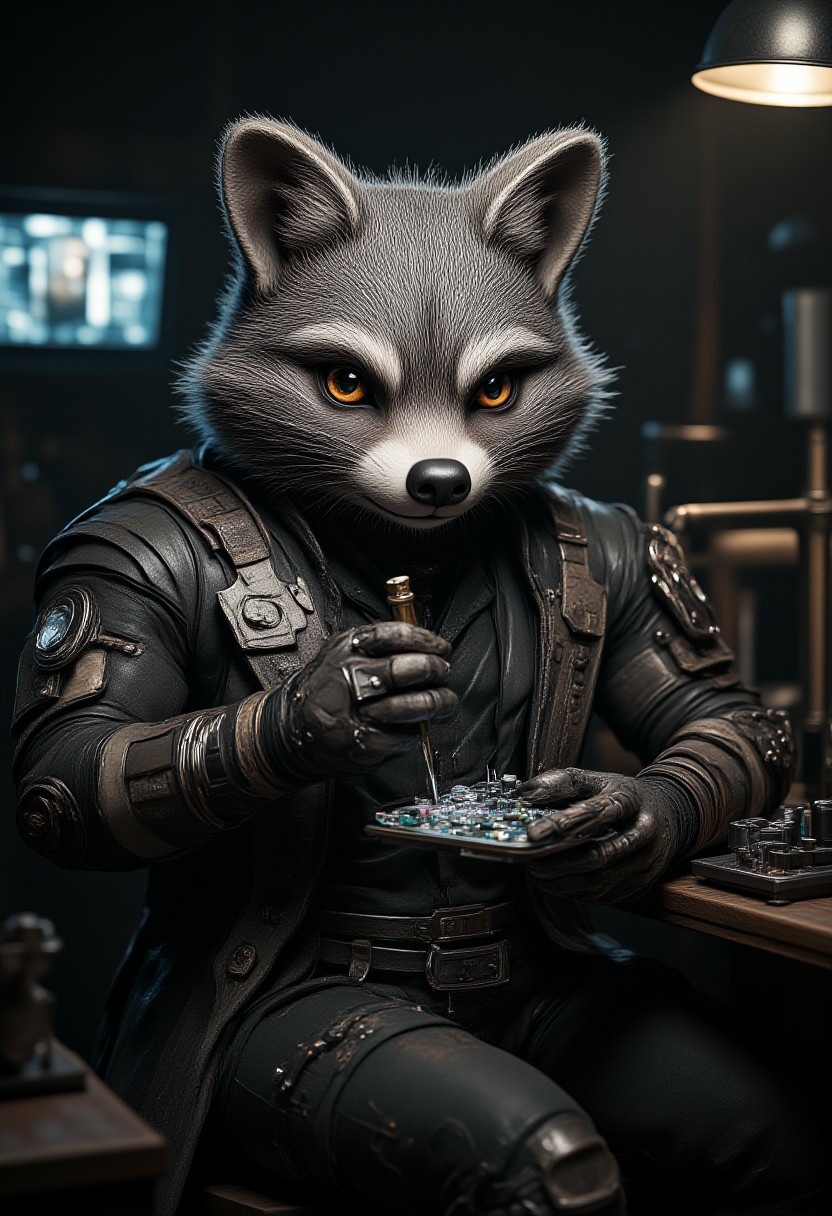 Highly detailed, cinematic photography of a sly anthro anthropomorphic cybernetic cyborg raccoon, wearing nothing but his elegant cyber enhanced raccoon fur with some cybernetic implants, sitting at a workbench, using a screwdriver to repair electronic components in his own cybernetic arm, a bright work lamp is the only illumination in the dark cabin cluttered with futuristic electronic parts. His sly smirk and shifty eyes emphasize his sketchy nature. The atmosphere is futuristic but gritty and foreboding. <lora:Anthropomorphic:1>, aidmaMJ6.1 <lora:aidmaMJ6.1v0.4:0.6>, hyp3rd3tail style <lora:hyper-detail-illustration:0.5>, in the style of Jed-clrfl <lora:flux-colourful:0.5>