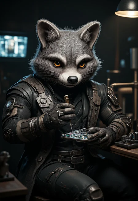 Highly detailed, cinematic photography of a sly anthro anthropomorphic cybernetic cyborg raccoon, wearing nothing but his elegant cyber enhanced raccoon fur with some cybernetic implants, sitting at a workbench, using a screwdriver to repair electronic components in his own cybernetic arm, a bright work lamp is the only illumination in the dark cabin cluttered with futuristic electronic parts. His sly smirk and shifty eyes emphasize his sketchy nature. The atmosphere is futuristic but gritty and foreboding. <lora:Anthropomorphic:1>, aidmaMJ6.1 <lora:aidmaMJ6.1v0.4:0.6>, hyp3rd3tail style <lora:hyper-detail-illustration:0.5>, in the style of Jed-clrfl <lora:flux-colourful:0.5>