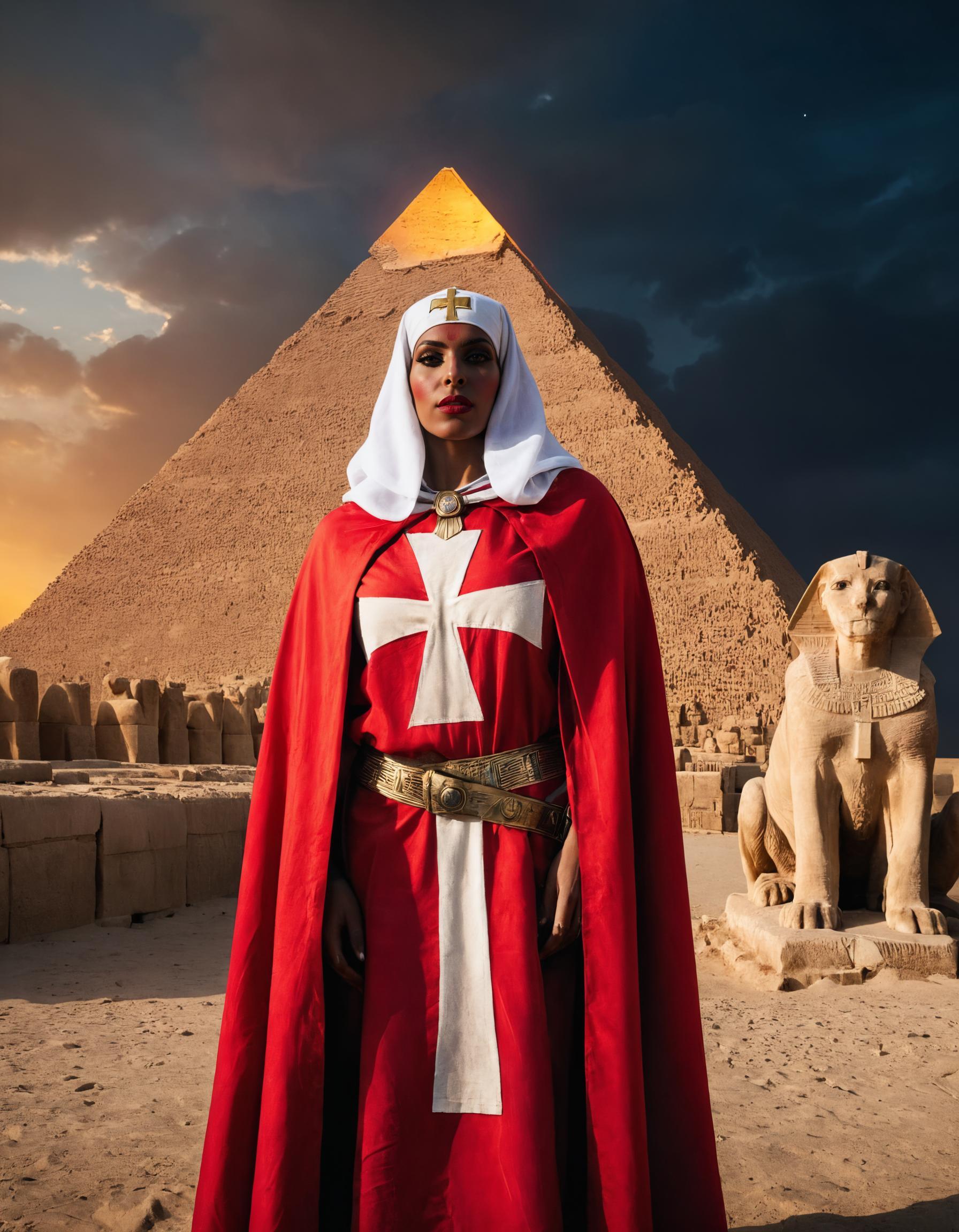 cinematic still of Sekhmet Amonet wearing red t3mpl4rcloak with a white cross, standing in front of a pyramid, egypt, medieval, epic composition, stunning environment, dim lighting, UHD, dusk, darkness, <lora:templarclothesxl:0.9>, <lora:offset_0.2:0.4>