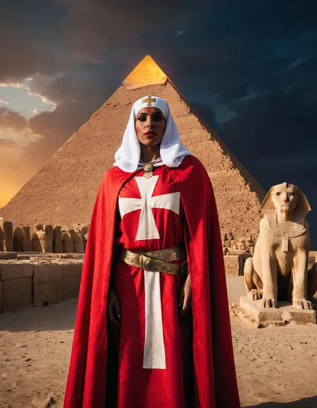 cinematic still of Sekhmet Amonet wearing red t3mpl4rcloak with a white cross, standing in front of a pyramid, egypt, medieval, epic composition, stunning environment, dim lighting, UHD, dusk, darkness, <lora:templarclothesxl:0.9>, <lora:offset_0.2:0.4>