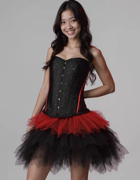 This is a highly detailed, realistic photography depicting aa asian woman wearing bla4ckf3athers clothing. She is wearing a black corset, layered red and black tutu-style skirt. She has streaked black hair and smiling. Full body shot, she is looking at viewer. # <lora:FLUX\FLUX.1-Turbo-Alpha\FLUX.1-Turbo-Alpha.safetensors:1.0> <lora:MyTrainings\Test\Black_Feathers_F1D_ARZUMATA.safetensors:1.0>