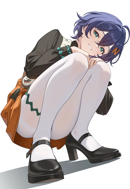 <lora:belle_illustrious-000038:1>,
belle \(delicate_daylight\),belle,solo,smile,pantyhose,looking at viewer,white background,full body,simple background,long sleeves,grin,dress,orange dress,white pantyhose,shadow,shoes,shirt,black footwear,black shirt,crossed bangs,hairclip,squatting,teeth,ahoge,high_heels,single thigh strap,foreshortening,from_below,foot_focus,