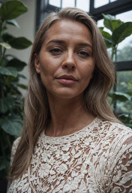 score_9, score_8_up, score_7_up, source_photo, tilted camera angle (Dutch angle), glowing hearth, 1girl, Mature Mature, skinny, Brown skin, Light Brown hair, Chausses, greenhouse, extreme close-up of eyes, rating_safe