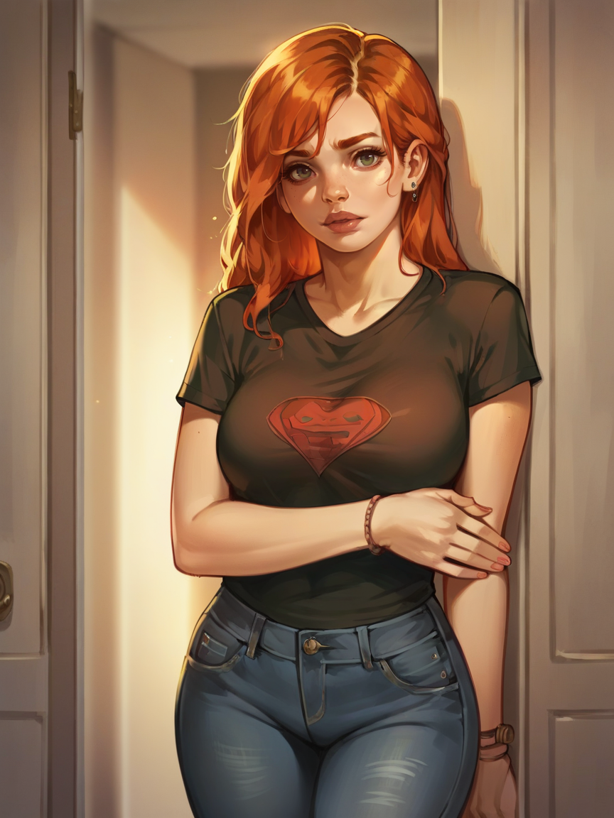 score_9, score_8_up, score_7_up, score_6_up, score_5_up,  <lora:h0bXLP:0.8> h0b, 1girl, ginger hair, curvy, jeans, t-shirt,