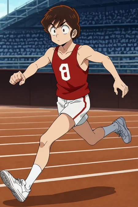 score_9, score_8_up, score_7_up,score_6_up,score_5_up,score_4_up,source_anime,BREAK, rating_safe, intricate details, , anime screencap, anime coloring, official style, depth of field,1boy, solo, male focus,<lora:ataru:0.97> ,ataru moroboshi,brown hair,dark brown eyes,short hair,hair between eyes,shirt, full body, shorts, shoes, socks, white socks, white footwear, tank top, red shirt, sneakers, white shorts, running, sportswear, sport uniform, red tank top,Wide-eyed,goofy expression,Playful,o-face, mischievous,outdoors,stadium,side views  , , , <lora:sdxl_lightning_8step_lora_315544:1>