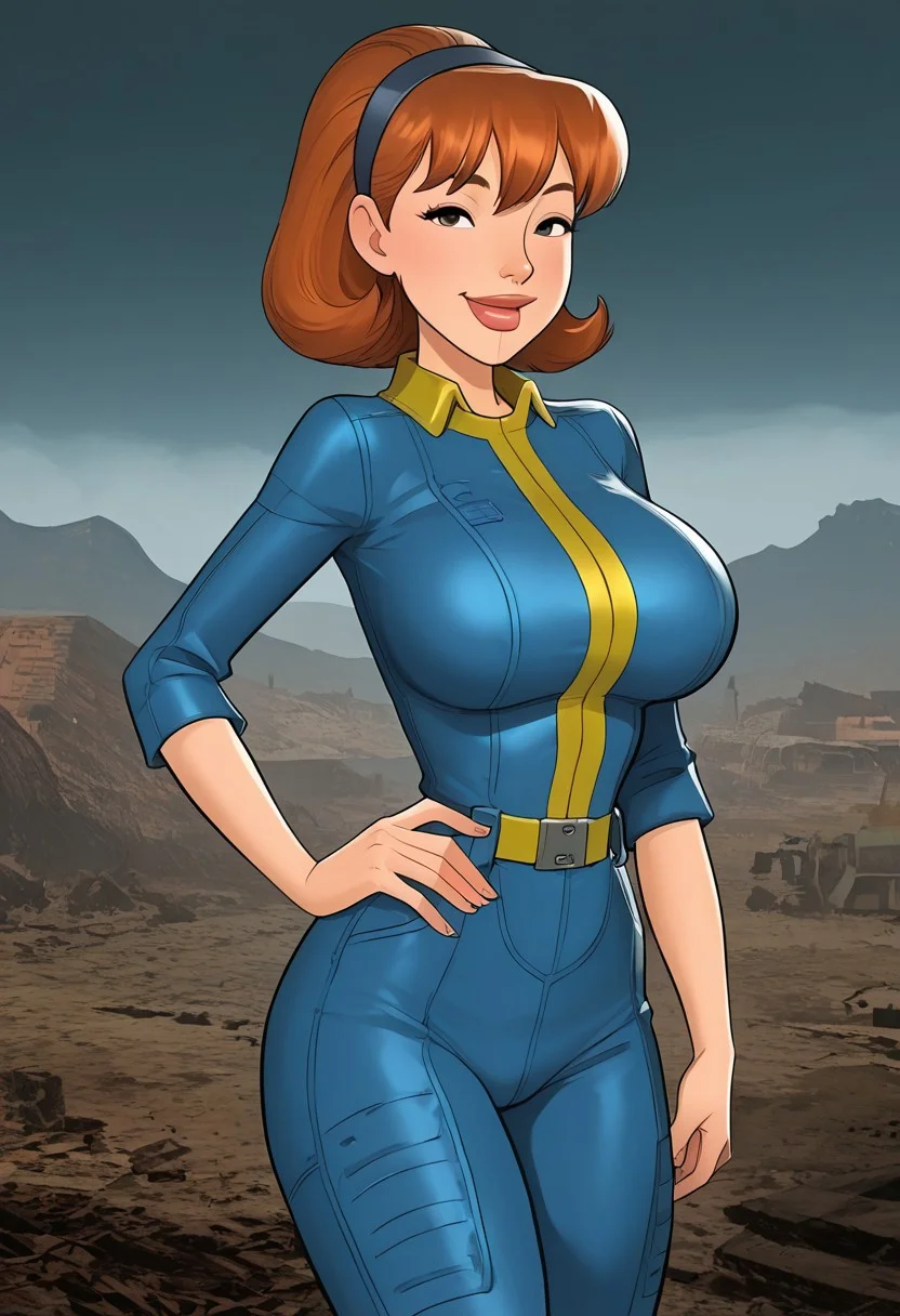 sharona, 1girl, hairband, breasts, large breasts, solo, lips, looking at viewer, hand on own hip, cowboy shot, smile, wearing blue jumpsuit, Fallout
BREAK
Post apocalyptic background