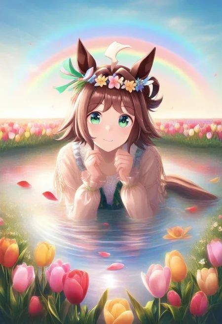 (umamusume, rhein_kraft_(umamusume), horse_ears, horse_girl, tail, 1girl, ahoge, animal_ears,)
casual, Tulip,Tulip flower, Tulip flower_field,
head_wreath, looking_at_viewer, solo, aesthetic, absurdres, symmetric , , g0ldsw0rthy,
(realistic, photo, artistic, medium_hair, one_eye_closed, petals, relaxing, smile, spiralling vortex made of multicoloured tulips, lush foliage sunrise, ripples, reflective, jaynl-tm, rainbow,green_eyes, hair_between_eyes, hair_ornament, : 0.7)