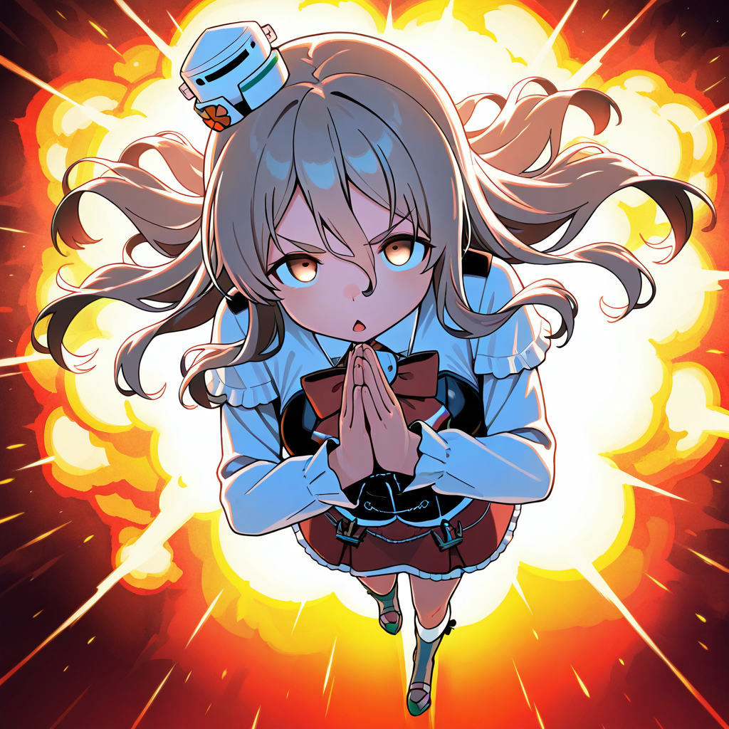 1girl,solo,full body,<lora:IL_aisatsu_meme:1>,nin_sly,aisatsu,own hands together,explosions,
focused,serious,upturned eyes,chestnut mouth,
<lora:Unfazed - Illustrious character enhancer:0.5>,kantai_collection,pola (kancolle),kantai collection,elbows up,full body,silhouette,, masterpiece,best quality,amazing quality,very aesthetic,absurdres,