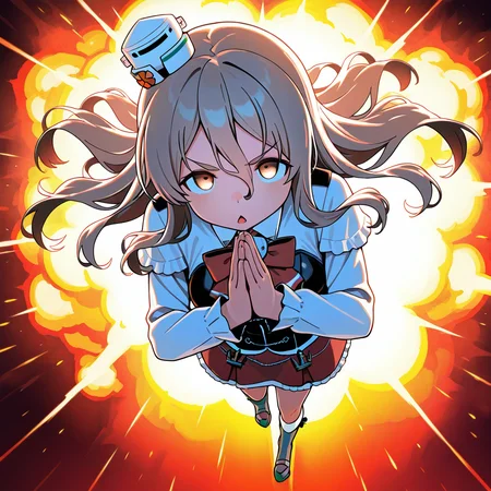 1girl,solo,full body,<lora:IL_aisatsu_meme:1>,nin_sly,aisatsu,own hands together,explosions,
focused,serious,upturned eyes,chestnut mouth,
<lora:Unfazed - Illustrious character enhancer:0.5>,kantai_collection,pola (kancolle),kantai collection,elbows up,full body,silhouette,, masterpiece,best quality,amazing quality,very aesthetic,absurdres,