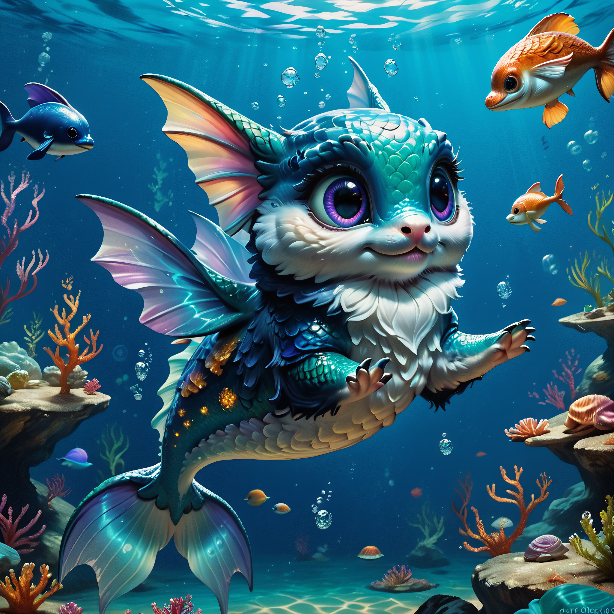 score_9, score_8_up, score_7_up, score_6_up, score_5_up, score_4_up, an adorable, chibi, nebula colored seal, some mermaid scales, big eyes, fluffy fur, underwater, beautiful underwater scenery