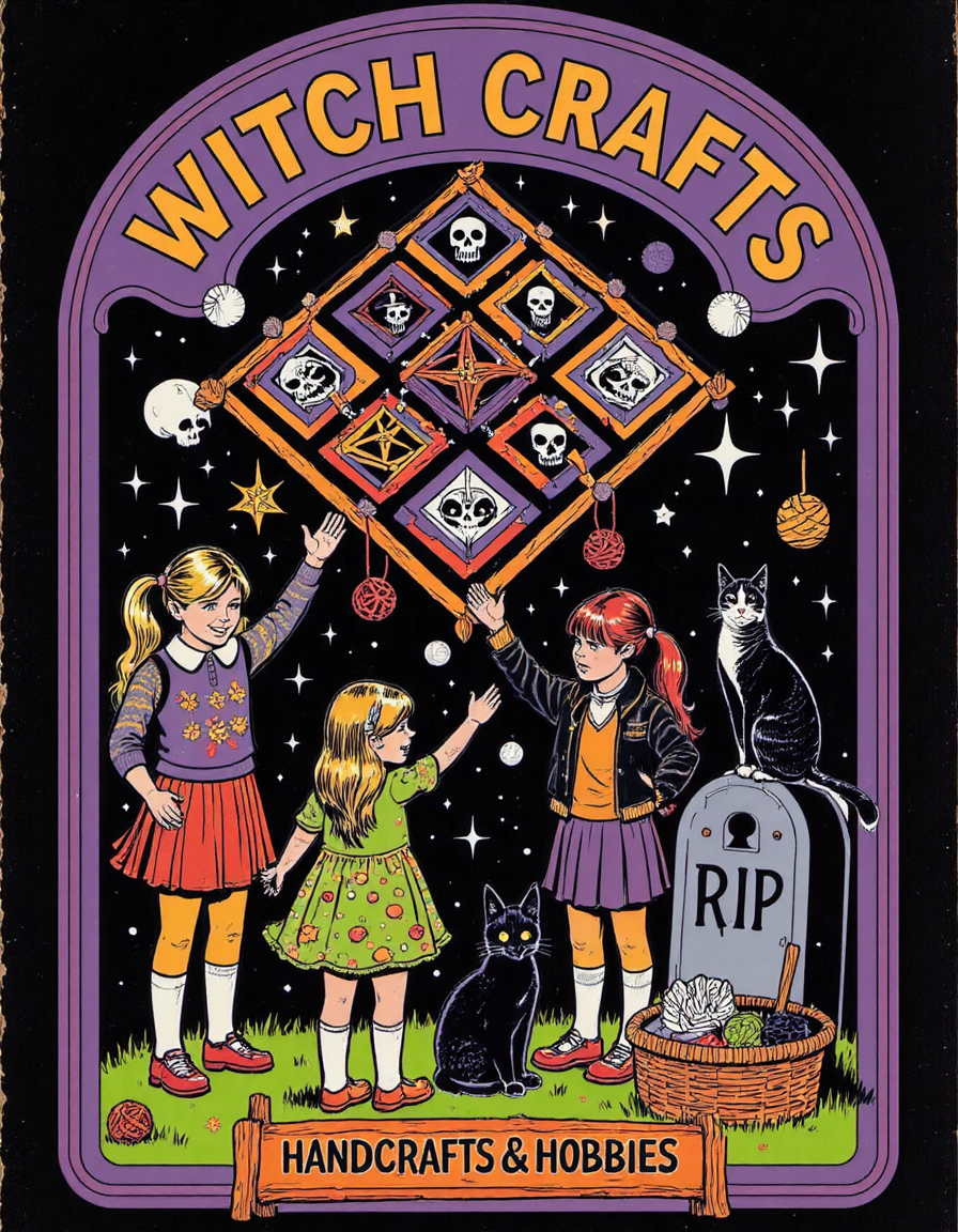 Retro-styled cartoon featuring three young girls engaging in witch-themed crafts. The scene is playful and whimsical, with the girls raising their hands in excitement as they admire a large patchwork quilt floating above them. The quilt features colorful squares, each adorned with witchy symbols like skulls, pentagrams, and moons in shades of purple, orange, red, and green. One girl, with blonde hair in pigtails, wears a purple and white shirt with a red skirt. Another girl has purple hair in pigtails, wearing a green dress with a dotted pattern, while the third girl has long red hair, wearing a black jacket over a purple skirt. They are surrounded by balls of yarn and knitting tools floating in the air, adding to the crafting theme.
Behind them, a gravestone marked 'R  I  P' is nestled in the ground next to a skull, while a basket full of yarn and crafting supplies sits in front of it. A black cat, wrapped in red yarn, is sitting on the right side of the image. The background is framed with a light purple border, filled with sparkles and stars, adding a magical atmosphere to the scene.
At the top, the bold text 'Witch Crafts' is written in a large, playful, bubble-like font with a purple outline. Below the scene, the text 'Handcrafts & Hobbies' is written in a smaller font, grounding the theme in a humorous take on crafting with a witchy twist. The overall color palette is bright and retro, featuring purples, greens, oranges, and blacks, creating a fun, lighthearted, and magical vibe. st3v3n_r0hod3s