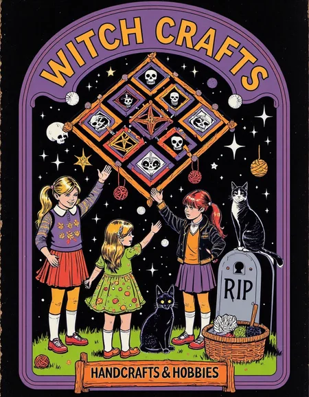 Retro-styled cartoon featuring three young girls engaging in witch-themed crafts. The scene is playful and whimsical, with the girls raising their hands in excitement as they admire a large patchwork quilt floating above them. The quilt features colorful squares, each adorned with witchy symbols like skulls, pentagrams, and moons in shades of purple, orange, red, and green. One girl, with blonde hair in pigtails, wears a purple and white shirt with a red skirt. Another girl has purple hair in pigtails, wearing a green dress with a dotted pattern, while the third girl has long red hair, wearing a black jacket over a purple skirt. They are surrounded by balls of yarn and knitting tools floating in the air, adding to the crafting theme.
Behind them, a gravestone marked 'R I P' is nestled in the ground next to a skull, while a basket full of yarn and crafting supplies sits in front of it. A black cat, wrapped in red yarn, is sitting on the right side of the image. The background is framed with a light purple border, filled with sparkles and stars, adding a magical atmosphere to the scene.
At the top, the bold text 'Witch Crafts' is written in a large, playful, bubble-like font with a purple outline. Below the scene, the text 'Handcrafts & Hobbies' is written in a smaller font, grounding the theme in a humorous take on crafting with a witchy twist. The overall color palette is bright and retro, featuring purples, greens, oranges, and blacks, creating a fun, lighthearted, and magical vibe. st3v3n_r0hod3s