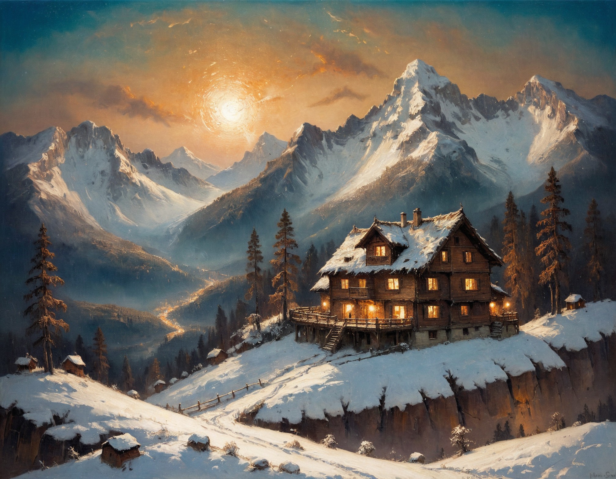 masterpiece, best quality, ultra-detailed,  elegant, snowy landscape, mountains, pine trees, distant cozy wooden house, dusk,  <lora:add-detail-xl:0.7> <lora:xl_more_art-full_v1:0.7>  <lora:sdxl/nicola_samori_dark_art_style:0.7> in the style of Nicola Samori