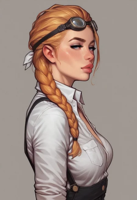 (((side view))). front view
detailed, volumetric lighting, 1woman, braided ginger-blonde hair, hair patterned bandana, ((miner goggles over the hair)), closed buttoned dark shirt, navel exposed, cargo shorts, suspenders, dirty face
((full-clothed)),
dynamic pose <lora:Cherry-Gig:0.55>
BREAK
((((post-apocalypse background)))) score_9, score_8_up, score_7_up, score_6_up, source_cartoon, rating_explicit, Expressiveh, (((((upper body))))), dynamic pose
