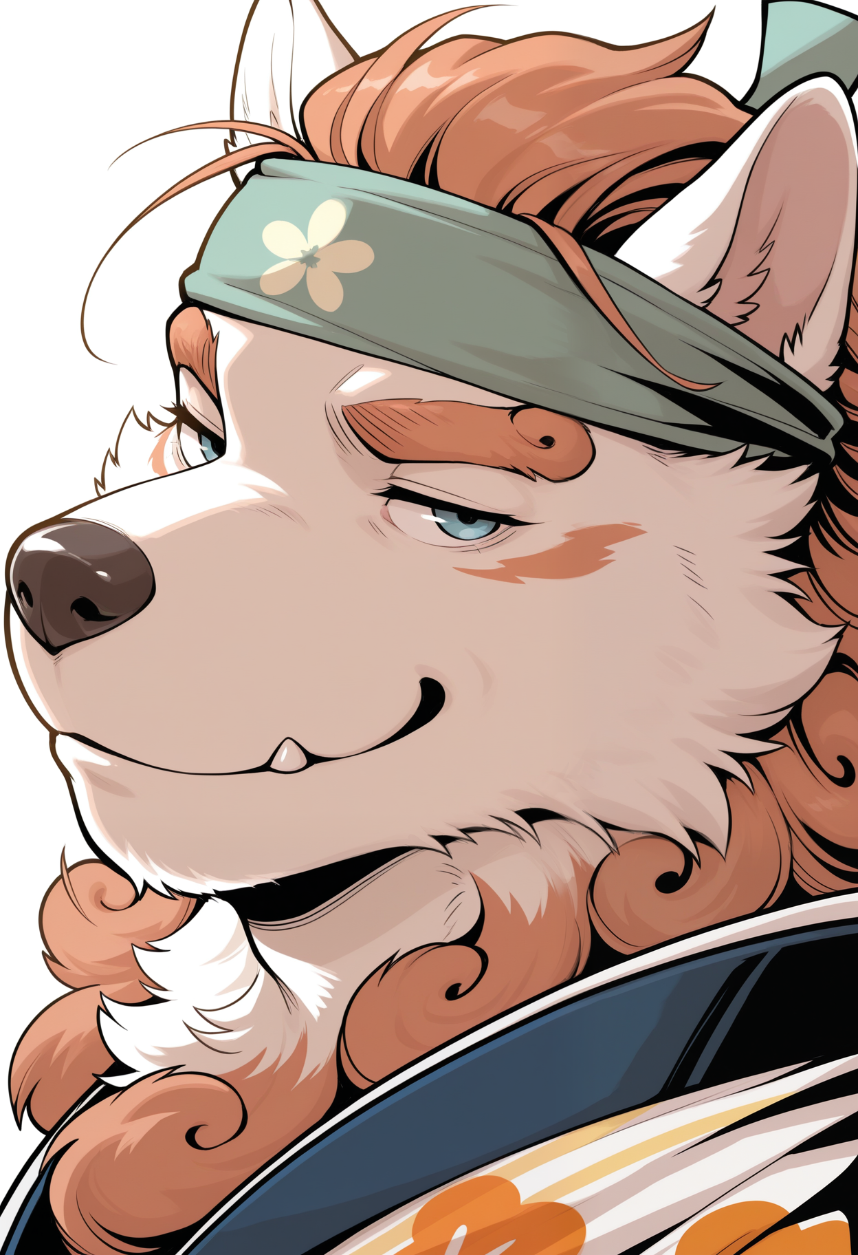 masterpiece,best quality,amazing quality, 1boy, solo, t0y0, green headband, dog boy, summer kimono, close up, side angle, smug,