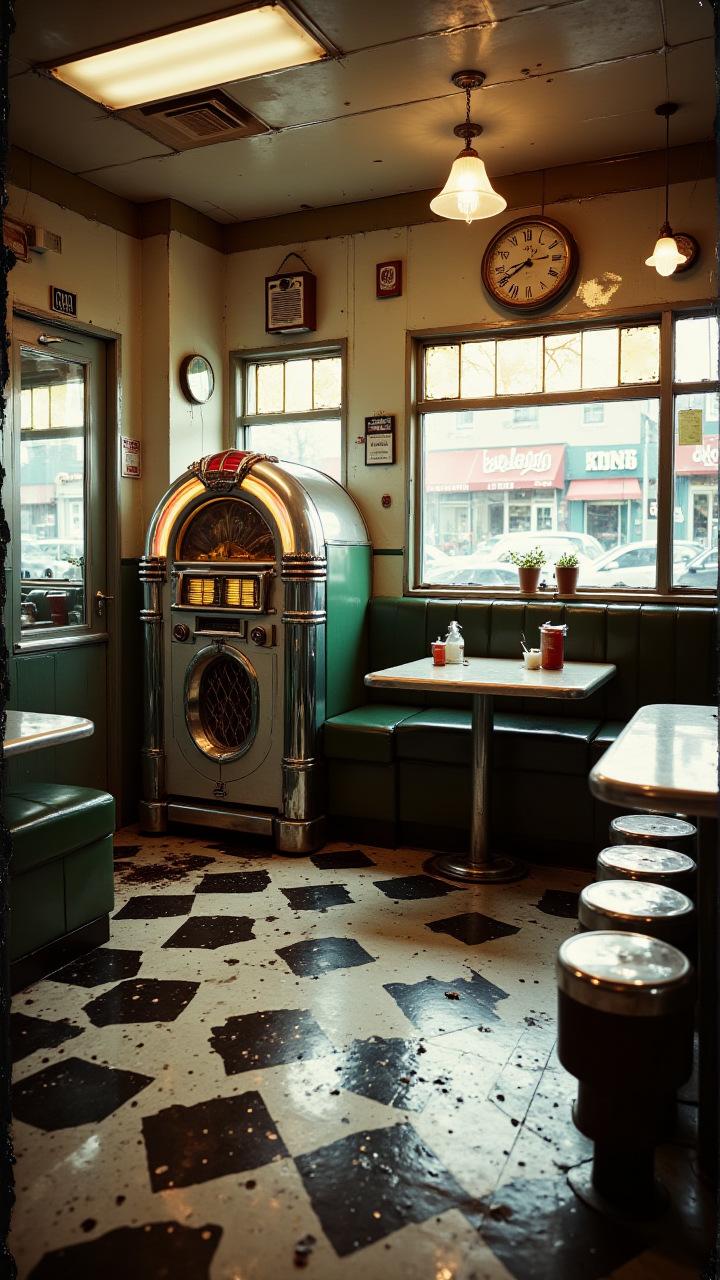 Retro Diner with Gold and Silver Accents: A retro-style diner, with a monochrome checkered floor and bright gold and silver accents on the furniture. The jukebox in the corner has a shiny, gold frame, and a bronze clock hangs on the wall, adding to the nostalgic feel of the scene.