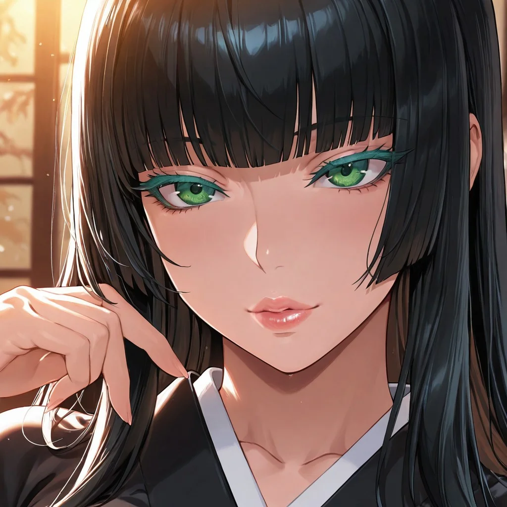 1girl, <lora:Gentiana_FFXV_ilxl_goofy:1> gentiana, \(FFXV\),, adult woman, masterpiece, black kimono, hand up, black hair, long hair, hime cut, blunt bangs, luscious lips, lip gloss, portrait, colored eyelashes, backlighting, green eyes, large breasts, goddess, glossy skin, ,hires,best quality, very aesthetic,absurdres,score_9, score_8_up, score_7_up, score_6_up, score_5_up, score_4_up, (hyper extreme detailed), (hyper quality), game CG, (colour:1.2),(from side:0.7)