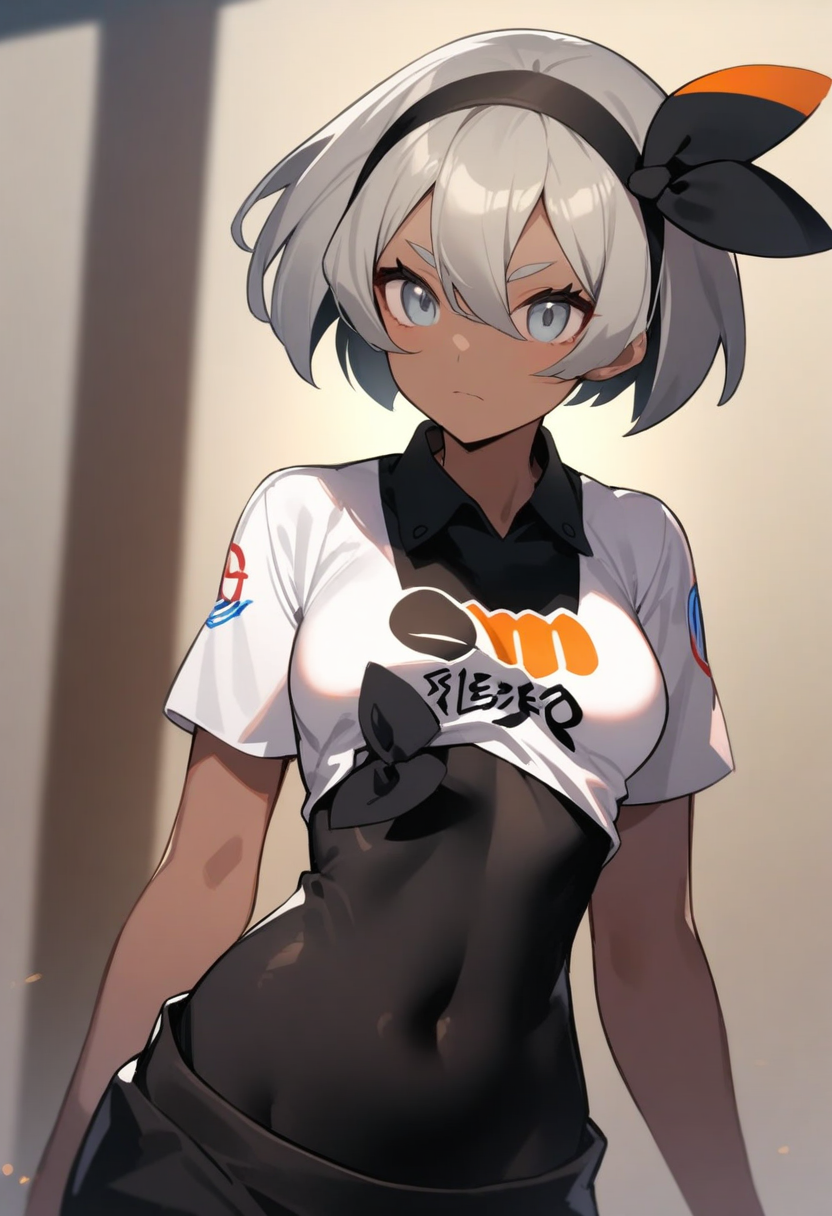 masterpiece,best quality,very aesthetic,absurdres,<lora:bea_(pokemon):1>,1girl,bea_\(pokemon\),dark-skinned_female,black_hairband,short_sleeves,black_bodysuit,bodysuit_under_clothes,bow_hairband,covered_navel,collared_shirt,