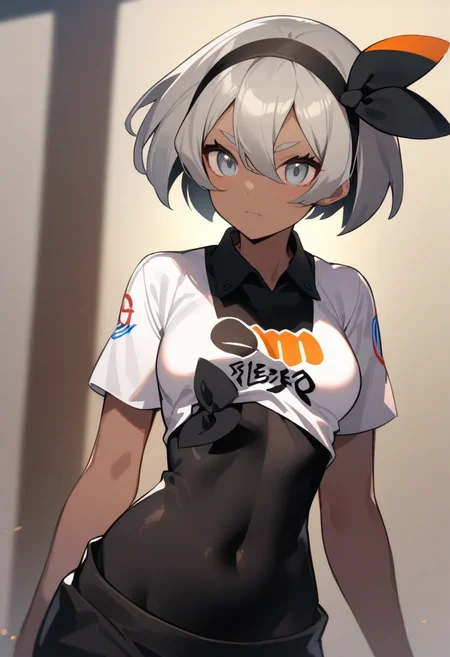 masterpiece,best quality,very aesthetic,absurdres,<lora:bea_(pokemon):1>,1girl,bea_\(pokemon\),dark-skinned_female,black_hairband,short_sleeves,black_bodysuit,bodysuit_under_clothes,bow_hairband,covered_navel,collared_shirt,