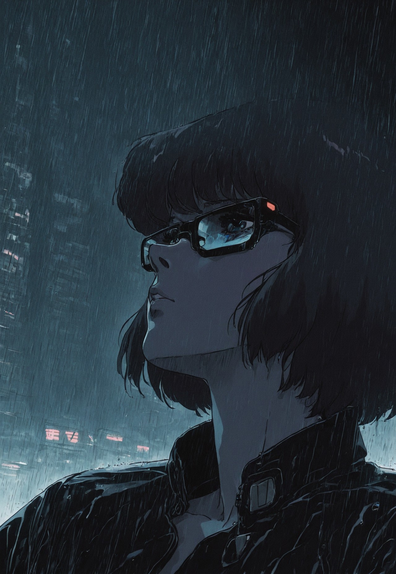 1girl, solo, Velma, jacket, retro_cyberpunk, retro, retro artstyle, portrait, masterpiece, expressive, dark theme, city, neon, rain, retro anime,