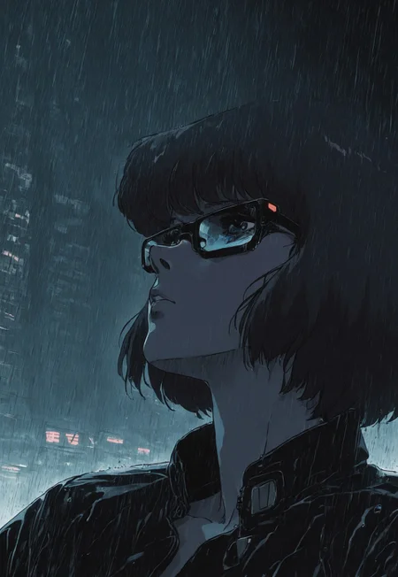 1girl, solo, Velma, jacket, retro_cyberpunk, retro, retro artstyle, portrait, masterpiece, expressive, dark theme, city, neon, rain, retro anime,