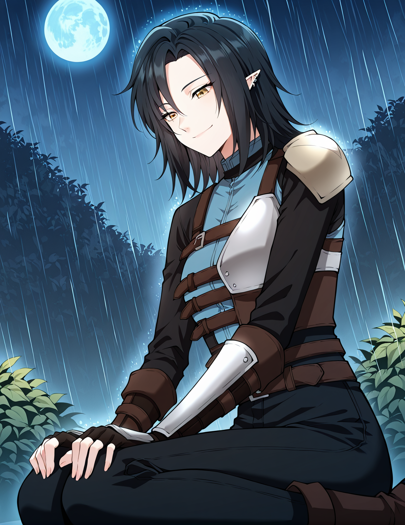<lora:Helen_Shard__The_Beginning_After_the_End__Illustrious:1>
1 girl, solo, elf, pointy ears, black hair, medium hair, yellow eyes, blue shirt, pants, fingerless gloves, armor, shoulder armor, belt, ear piercing,
blue shirt, pants, fingerless gloves, armor, shoulder armor, belt, ear piercing
score_9, score_8_up, score_7_up, very aesthetic, source_anime, detailed, high quality, beautiful, detailed eyes, masterpiece, best quality, absurdres, perfect anatomy, 1girl, solo, wariza, sitting, hands on own knees, garden background, charming smile, rain, night, blue moon