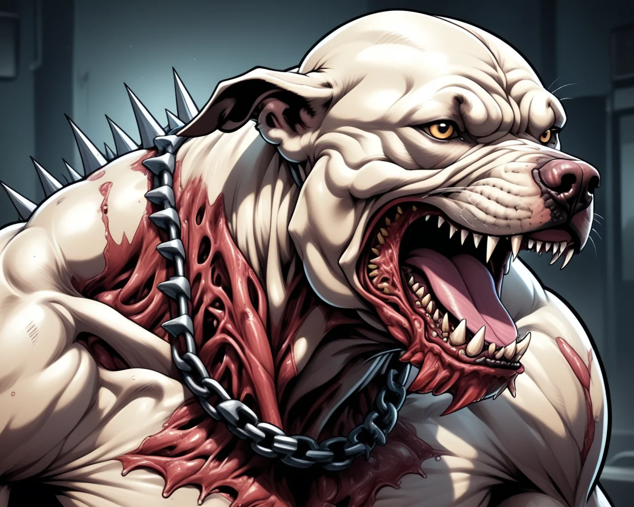 1dog,solo,anime,flesh mutant pitbull,2d,intricate linework,full color,pitbull,horrific flesh monster,spiked collar,<lora:FleshMonstrosityXL:0.75>