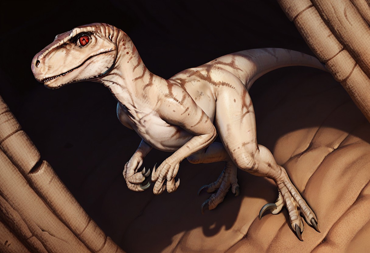 score_9_up, score_8_up, score_7_up, solo focus, full body, dynamic angle, atrociraptor, dinosaur, claws, leg raptor, red eyes, white skin, desert town