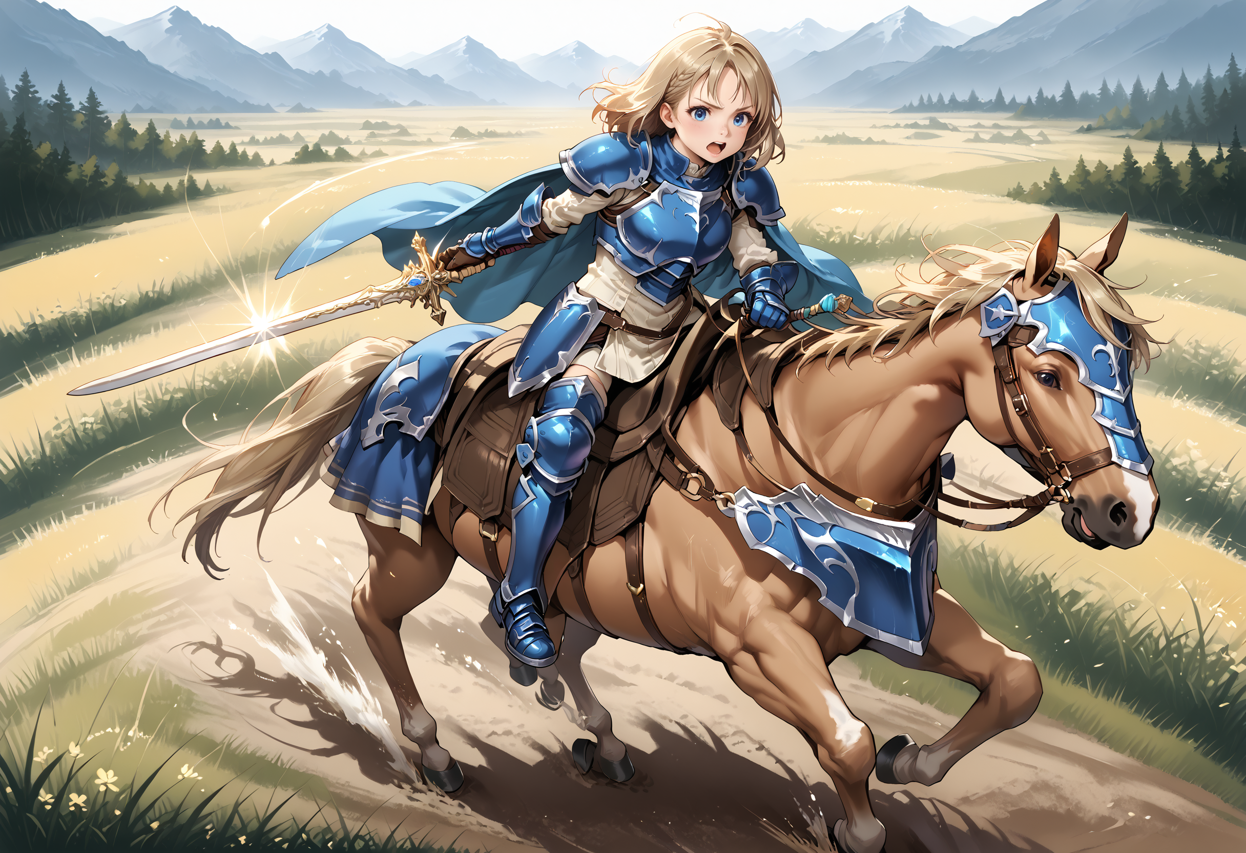 zPDXL3,extreme detailed,full_body BREAK nature,field,
<lora:Pony_DetailV2.0:1> BREAK 1girl,Cavalier,armor,cape,gloves,horse,horseback riding,(holding sword:1.4),<lora:cavaliar-v3-pony:0.9>,fighting stance,charging forward,open mouth,