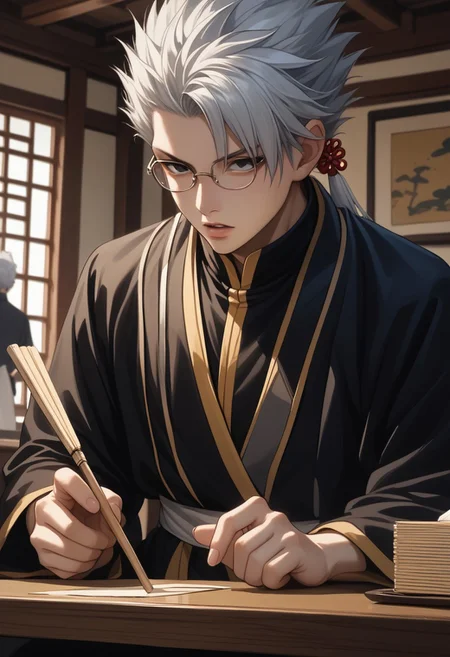 score_9, score_8_up, score_7_up, source_anime, rating_safe, black ink abstract, LeonFT, grey Leon hair, glasses black eyes, 1boy, male focus, traditional Chinese robe clothes, looking at another, parted lips, holding stick, serious, sitting, blurry indoor ancient Chinese room, small paper crane on antique table, hands with five fingers, solo focus, from below, dutch angle, realistic shading, oriental painting,
