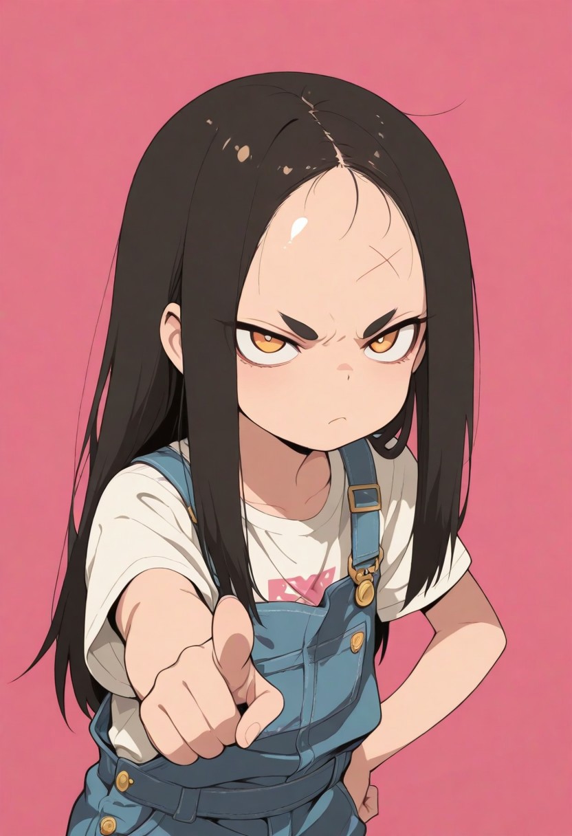 1 girl , solo , thick eyebrow , long hair , overalls , pointing at viewer , angry , closed mouth , short sleeves , forehead , shiny forehead ,
masterpiece, best quality ,amazing quality ,S4bit4mago_illu , xxx667_illu ,anime style ,