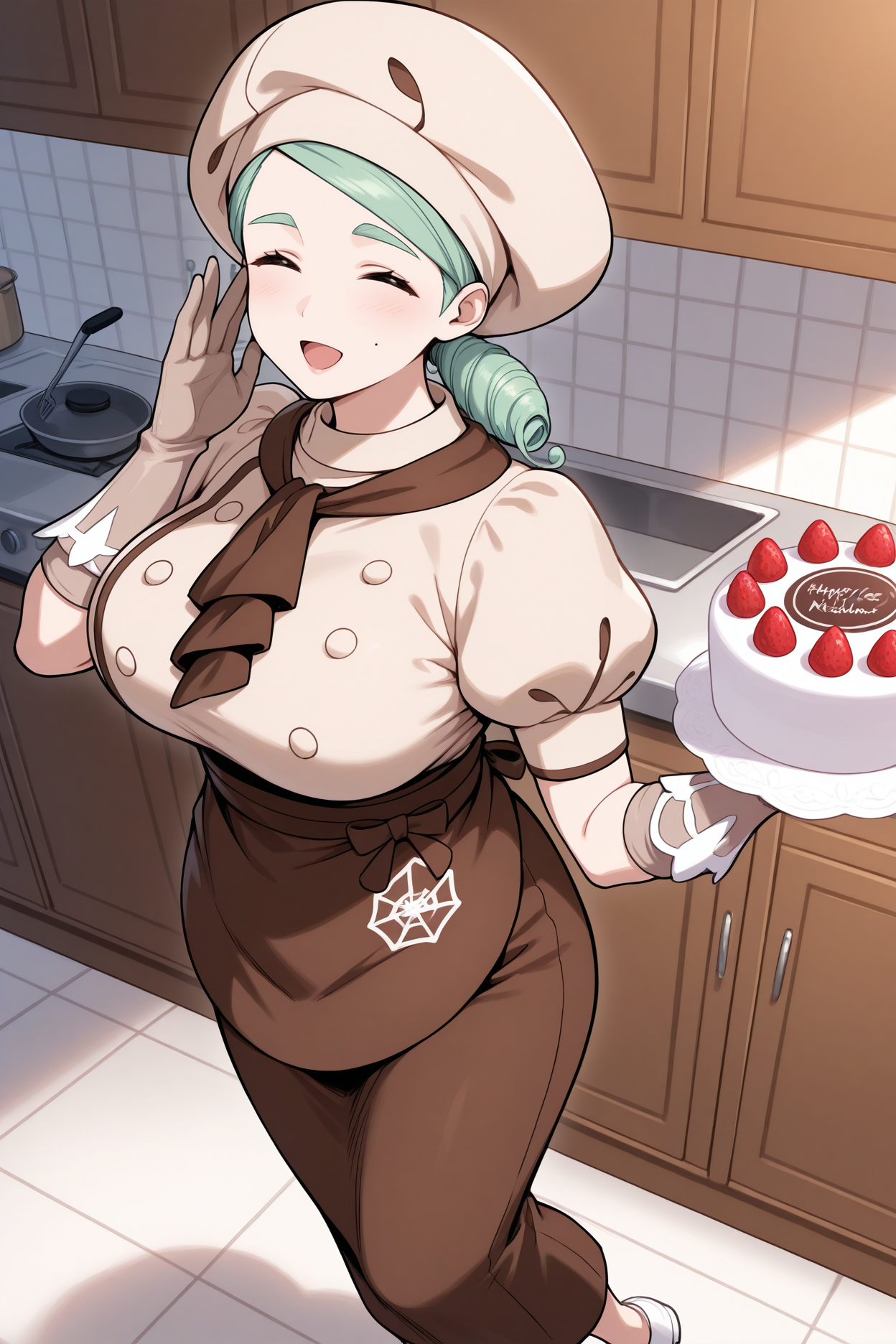 masterpiece, best quality, 1girl, solo,  <lora:pkmnkaty-illu-nvwls-v1-000006:1> pmkt, green hair, side ponytail, low ponytail, mole on cheek, mature female, big breasts, beige hat, black ascot, puffy short sleeves, beige shirt, double-breasted, buttons, dark brown skirt, brown apron, waist apron, long skirt, beige gloves, white shoes, kitchen, holding cake, looking at viewer, happy, open mouth, closed eyes