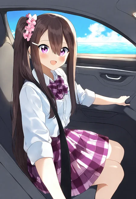 <lora:penta1_noob1.1-000139:0.9>,
1girl, solo, skirt, hair between eyes, shirt, bow, hair ornament, white shirt, scrunchie, car interior, hair scrunchie, plaid, seatbelt, very long hair, day, pink scrunchie, long hair, collared shirt, horizon, :d, sky, smile, pleated skirt, plaid skirt, ocean, blush, sitting, blue sky, brown hair, plaid bow, open mouth, purple eyes, cloud, hairclip, water, side ponytail, dress shirt, looking at viewer, outdoors, feet out of frame, school uniform, purple scrunchie, bowtie, one side up,
masterpiece,best quality,newest,absurdres,highres,very awa,