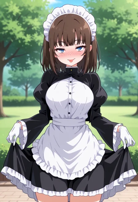 masterpiece, best quality, amazing quality, absurdres, 1girl, solo, tsubakiww, blue eyes, brown hair, medium hair, medium breasts, maid, maid headdress, black jacket, white shirt, puffy sleeves, juliet sleeves, white gloves, maid apron, frilled apron, frilled skirt, black skirt, <lora:Rurikawa_Tsubaki_Maid_Kyouiku_ill:0.8>, standing, lifting own clothes, clothes lift, nose blush, seductive smile, tongue out, looking at viewer, outdoors, skindentation, detailed clothing folds, depth of field, sharp, high contrast, dynamic light
