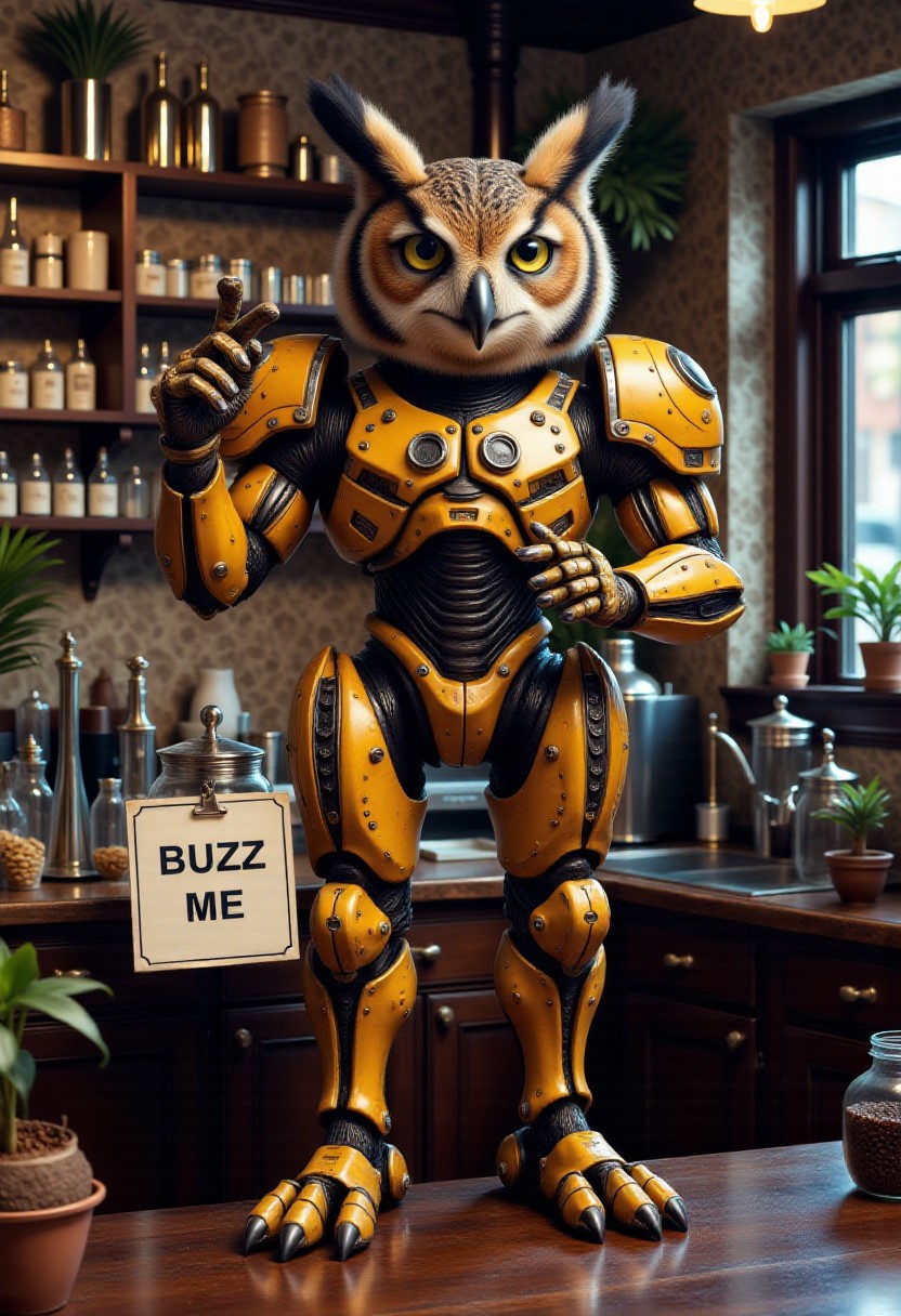 masterpiece, best quality, amazing quality, very aesthetic, high resolution, ultra-detailed, absurdres, newest, 
owl alien  mecha standing in coffee shop barista 
tip jar with sign saying Buzz me