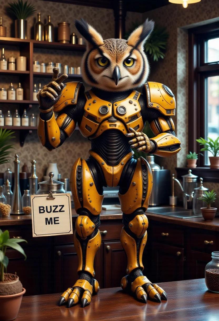 masterpiece, best quality, amazing quality, very aesthetic, high resolution, ultra-detailed, absurdres, newest, 
owl alien  mecha standing in coffee shop barista 
tip jar with sign saying Buzz me