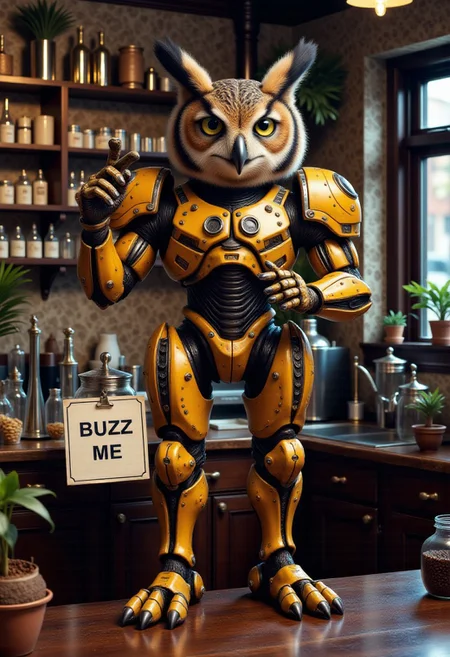 masterpiece, best quality, amazing quality, very aesthetic, high resolution, ultra-detailed, absurdres, newest, 
owl alien  mecha standing in coffee shop barista 
tip jar with sign saying Buzz me