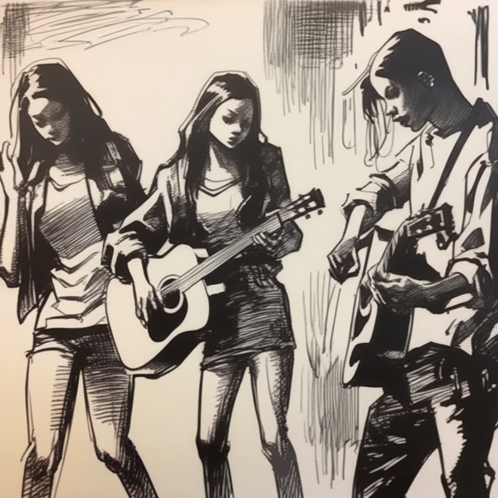 drawix6 girl playing guitar surrounded by a group of people, black ink <lora:drawix6:1>