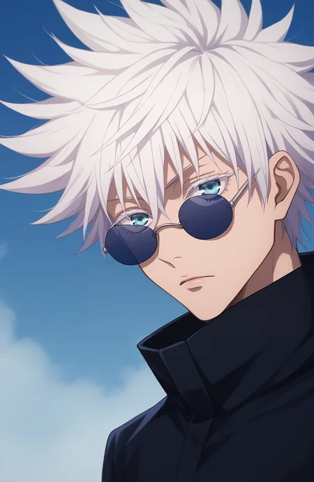 score_9, score_8_up, score_7_up, score_6_up, BREAK, source_anime, rating_explicit, masterpiece, best quality, detailed background 
 <lora:Gojou_Satoru_JUJUTSUKAISEN_Culty:0.8> short hair, 1boy, white hair,spiked hair,  gojou satoru, blue eyes, colored eyelashes, hair between eyes, black jacket, round sunglasses,upper body, expressionless, looking at viewer, from side,