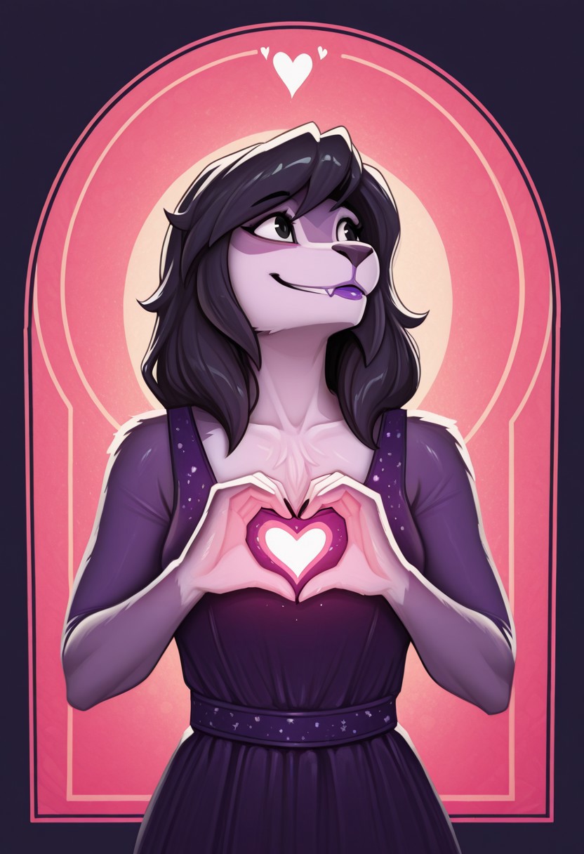 catcouchILL, 1girl, solo, medium build, medium hair, sfw, safe for work, covered skin, flowy dress,  black eyes, purple lipgloss, smiling, portrait, upper body, heart hands, foreshortening, detailed, newest, furry female, furry, anthro