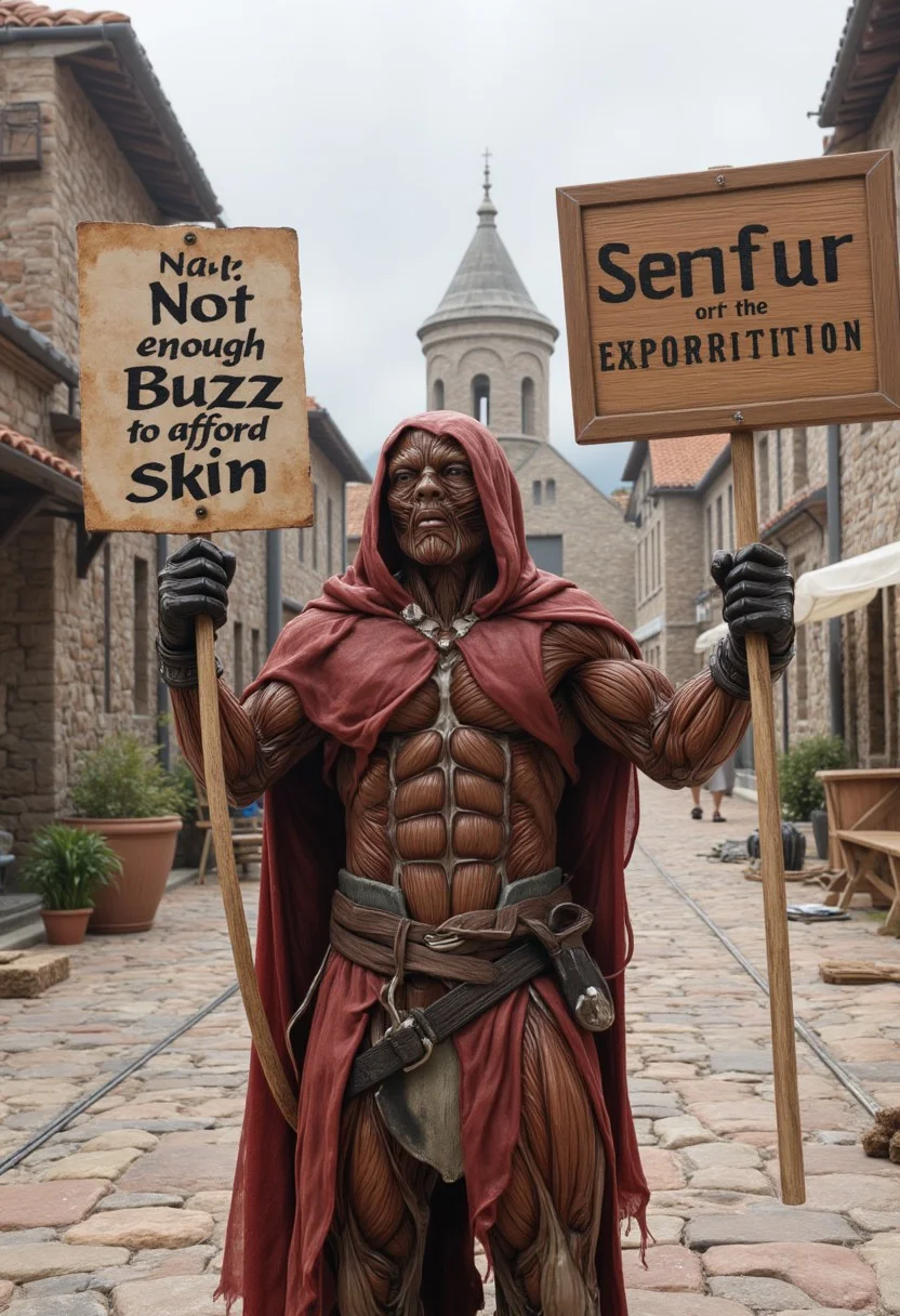 cinematic film still,photo,realistic,an ecorche man wearing a ragged hoood cloak and a ragged robe and holding a sign that reads "not enough buzz to afford skin" as he stands in a medieval village square with stone houses and cobblestone streets.