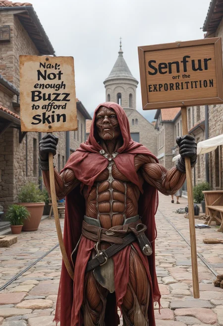cinematic film still,photo,realistic,an ecorche man wearing a ragged hoood cloak and a ragged robe and holding a sign that reads "not enough buzz to afford skin" as he stands in a medieval village square with stone houses and cobblestone streets.
